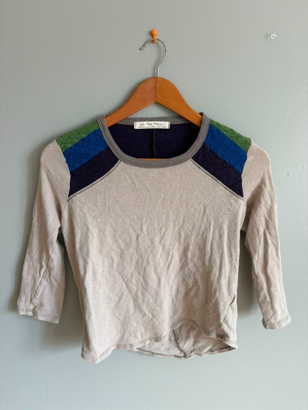 We The Free Colorblock 3/4 Sleeve Top Oatmeal Navy Green Size XS